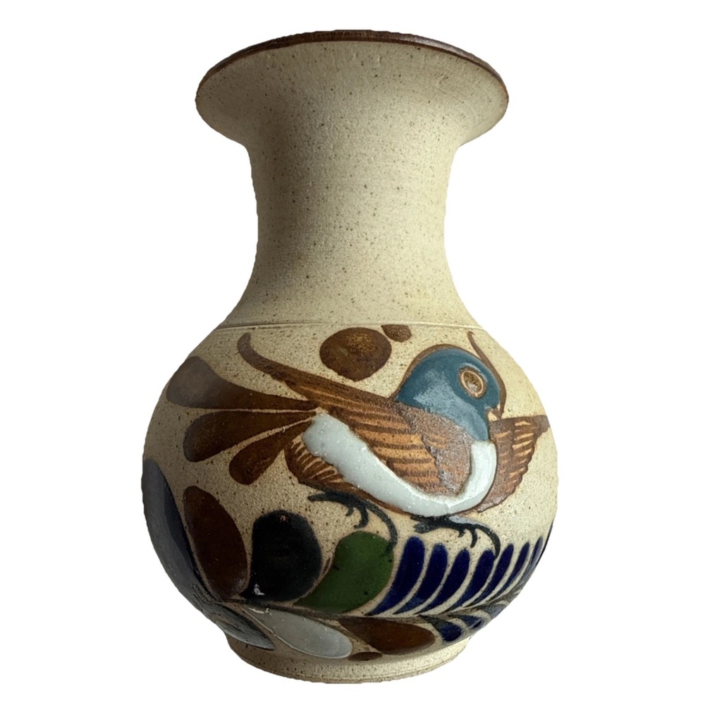 Hand Painted Art Pottery Mexican Tonala Bird Flowers Floral Vase Signed 5" Tall